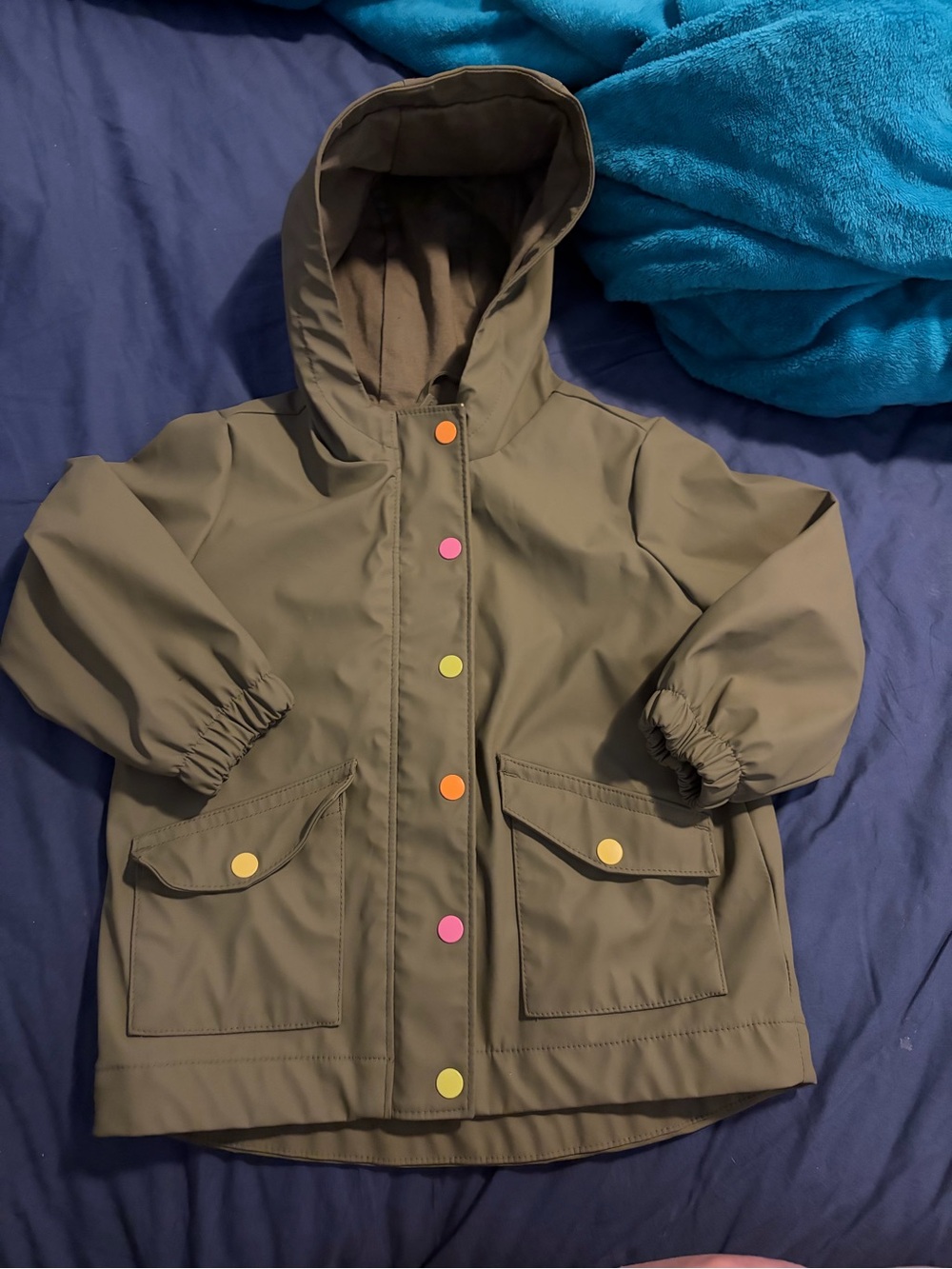 Old Navy 2T Olive Rubberized Rain Jacket Hooded Colorful Snaps